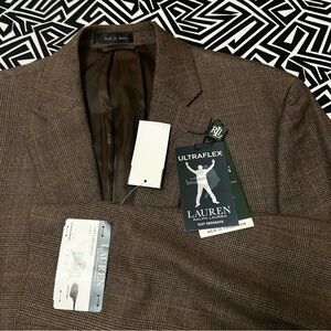 NWT Ralph Lauren Men's Suit Jacket In A Brown Plaid Pattern Size 40L 100% Wool